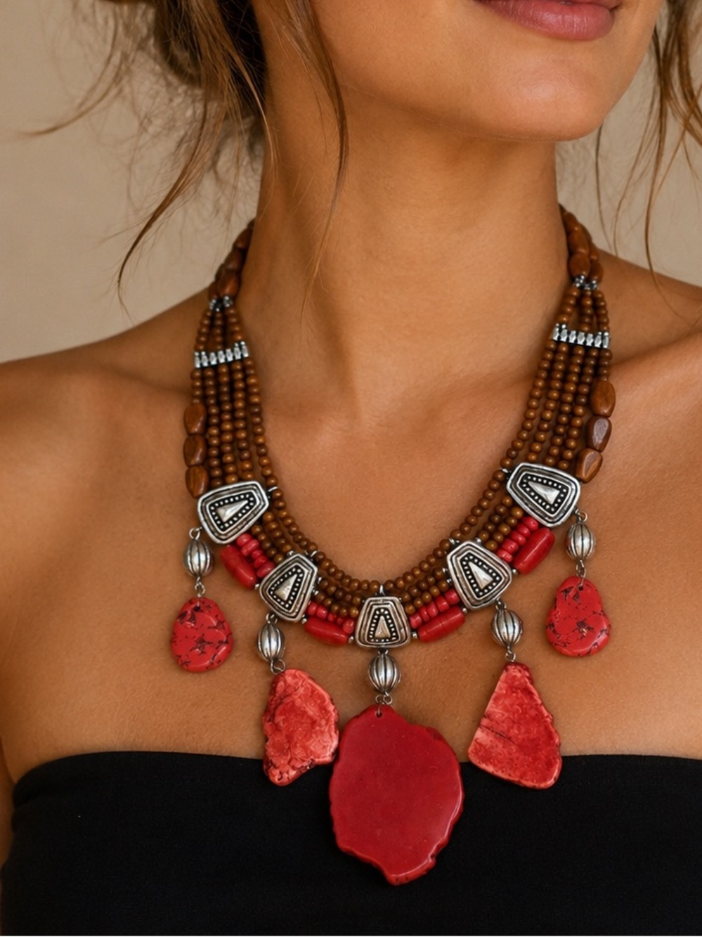 Boho Red Stone Multi-Strand Statement Necklace